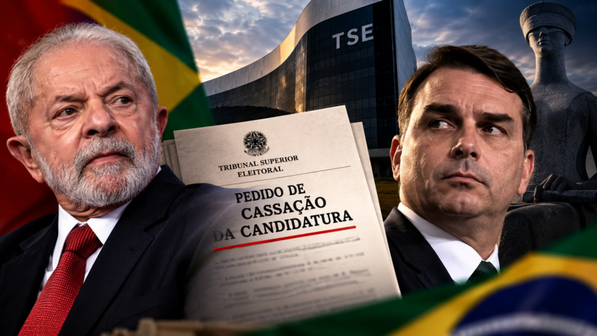 Editorial illustration of a legal dispute involving Brazil's electoral court before the 2026 presidential runoff