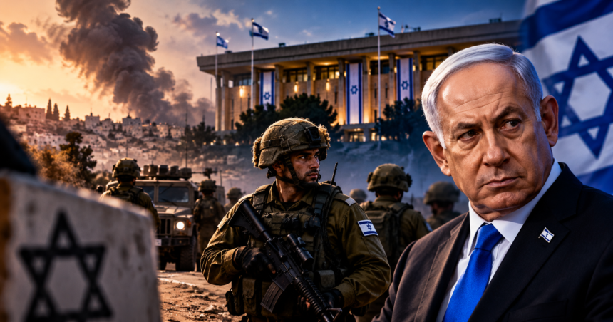 Editorial illustration representing Israeli politics and security tensions ahead of the 2026 Knesset election