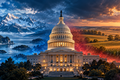 Editorial montage of the U.S. Capitol between Alaska’s snowy mountains and Iowa’s farmland.