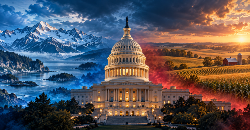 Editorial montage of the U.S. Capitol between Alaska’s snowy mountains and Iowa’s farmland.