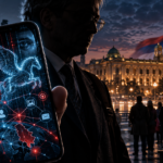 Conceptual illustration of Pegasus spyware surveillance, a smartphone and voting in Serbia ahead of the 2026 election.