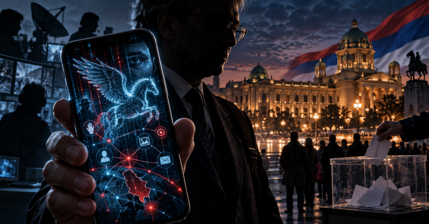Conceptual illustration of Pegasus spyware surveillance, a smartphone and voting in Serbia ahead of the 2026 election.