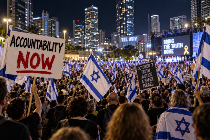 Illustration of anti-government demonstrations in Tel Aviv ahead of Israel’s October 2026 parliamentary election