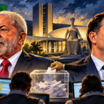 Editorial illustration of Lula and Flávio Bolsonaro with Brazilian flags and an election setting.