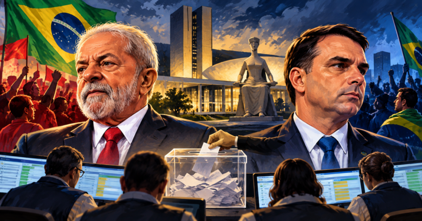 Editorial illustration of Lula and Flávio Bolsonaro with Brazilian flags and an election setting.