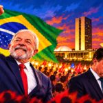 Editorial illustration of Lula's 2026 presidential election victory, with Brazil's National Congress in Brasília.
