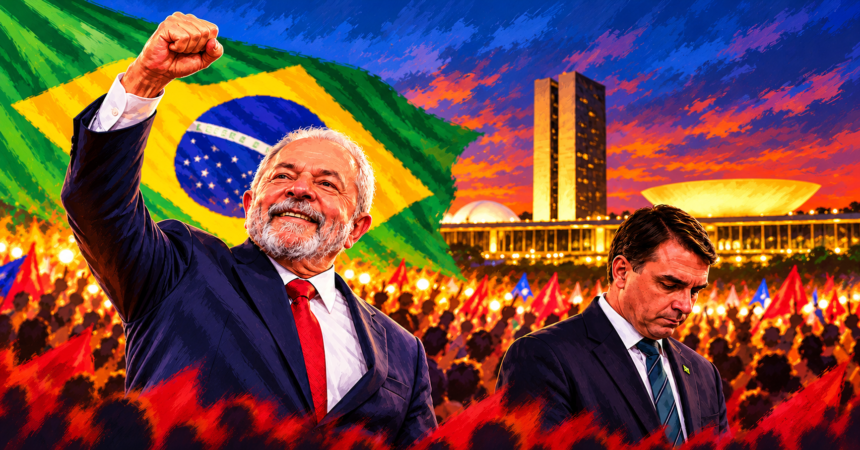 Editorial illustration of Lula's 2026 presidential election victory, with Brazil's National Congress in Brasília.