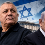 AI-generated editorial illustration of Gadi Eisenkot and Benjamin Netanyahu with an Israeli flag and Jerusalem skyline.