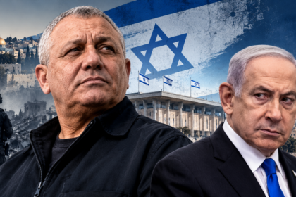 AI-generated editorial illustration of Gadi Eisenkot and Benjamin Netanyahu with an Israeli flag and Jerusalem skyline.