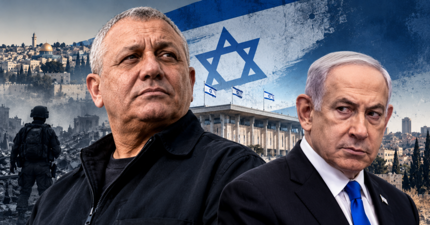AI-generated editorial illustration of Gadi Eisenkot and Benjamin Netanyahu with an Israeli flag and Jerusalem skyline.