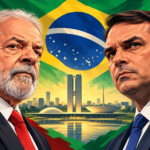 Editorial illustration of Lula and Flávio Bolsonaro ahead of Brazil’s 2026 presidential runoff, with Brazilian flag and abstract polling charts.