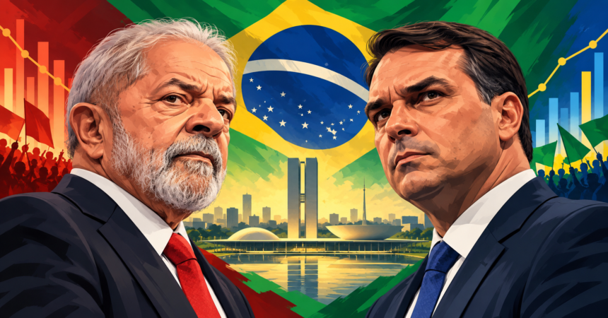 Editorial illustration of Lula and Flávio Bolsonaro ahead of Brazil’s 2026 presidential runoff, with Brazilian flag and abstract polling charts.
