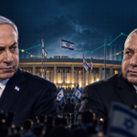 Illustration of Benjamin Netanyahu and Gadi Eisenkot in front of the Knesset, Israeli flags and symbolic polling charts.