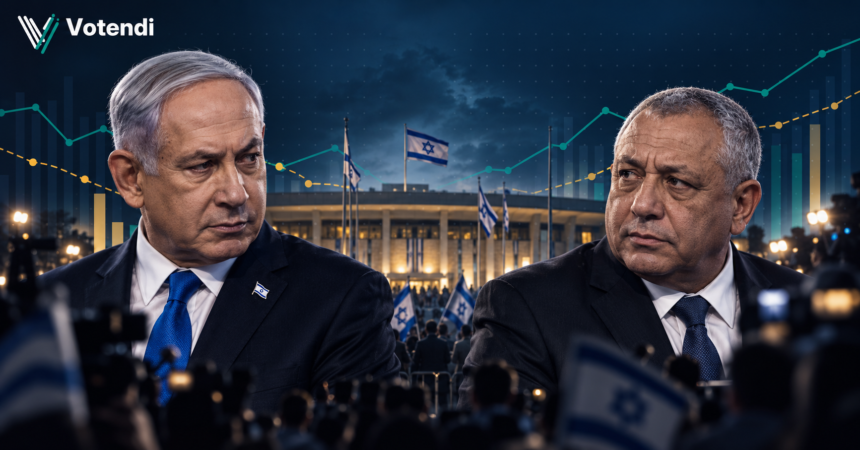 Illustration of Benjamin Netanyahu and Gadi Eisenkot in front of the Knesset, Israeli flags and symbolic polling charts.