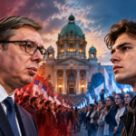Editorial illustration of political competition ahead of Serbia's 2026 parliamentary election