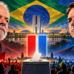Illustration of Lula and Flávio Bolsonaro with the Brazilian flag and polling bars ahead of the 2026 presidential runoff.