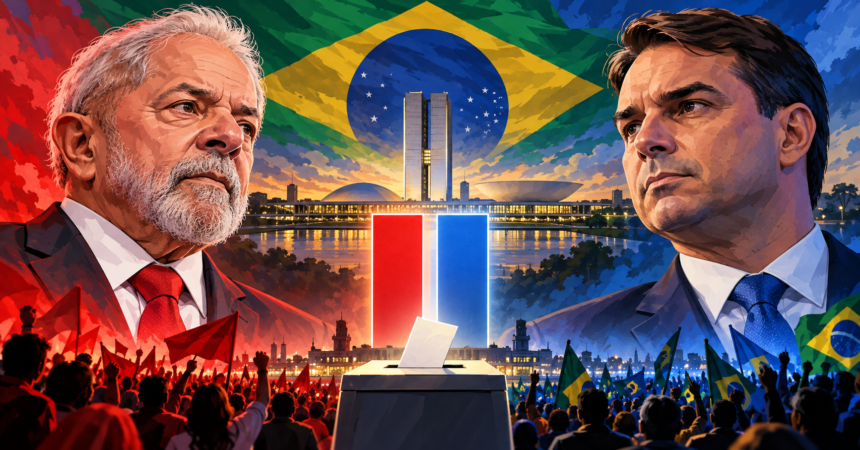 Illustration of Lula and Flávio Bolsonaro with the Brazilian flag and polling bars ahead of the 2026 presidential runoff.