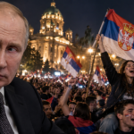 Illustration of Vladimir Putin beside a celebrating crowd carrying Serbian flags outside Serbia's parliament.