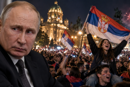 Illustration of Vladimir Putin beside a celebrating crowd carrying Serbian flags outside Serbia's parliament.