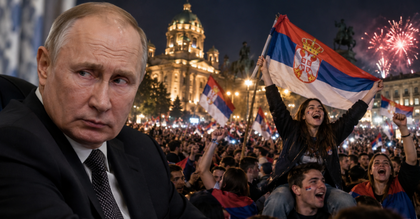 Illustration of Vladimir Putin beside a celebrating crowd carrying Serbian flags outside Serbia's parliament.
