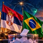 Illustration with Brazilian and Serbian flags, a ballot box, and election-night city imagery.