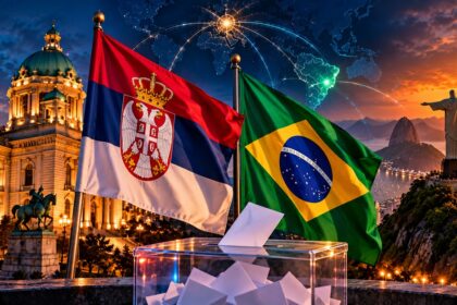 Illustration with Brazilian and Serbian flags, a ballot box, and election-night city imagery.