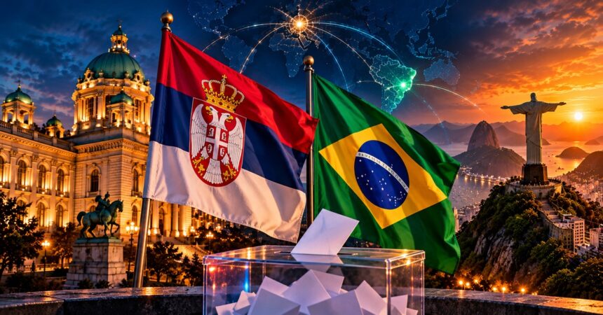 Illustration with Brazilian and Serbian flags, a ballot box, and election-night city imagery.