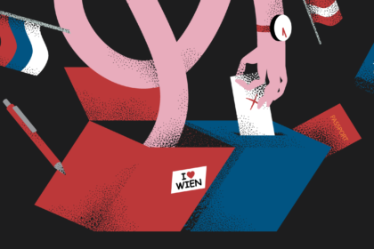 KRIK investigation illustration showing alleged voter-registration activity in Vienna ahead of Serbia's 2026 parliamentary election.