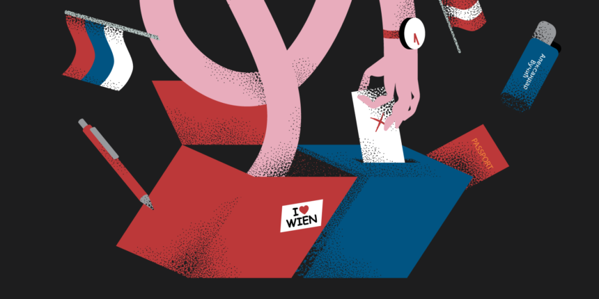 KRIK investigation illustration showing alleged voter-registration activity in Vienna ahead of Serbia's 2026 parliamentary election.