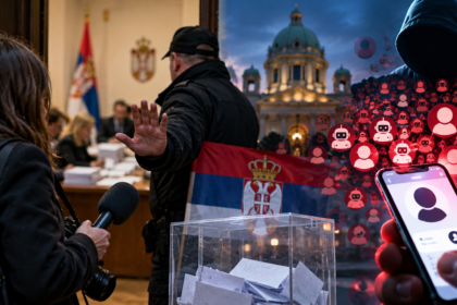 Editorial illustration about journalists' access restrictions and suspicious social media activity ahead of Serbia's October 2026 election.