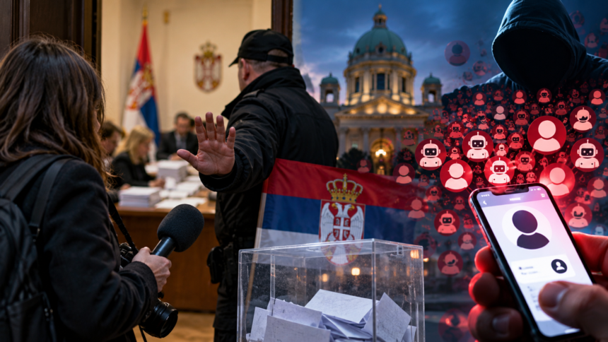 Editorial illustration about journalists' access restrictions and suspicious social media activity ahead of Serbia's October 2026 election.