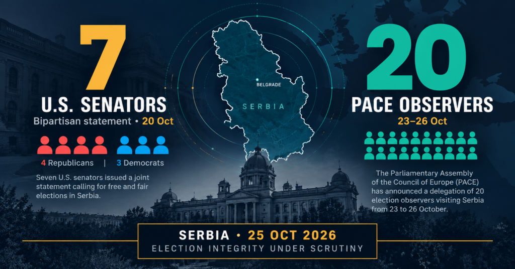 Serbia election infographic: seven US senators issued a statement on 20 October; 20 PACE observers plan a 23–26 October visit.