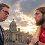 Conceptual illustration of opposing political crowds near Serbia's National Assembly at sunset, representing diverging 2026 election polls.