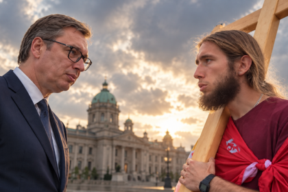 Conceptual illustration of opposing political crowds near Serbia's National Assembly at sunset, representing diverging 2026 election polls.