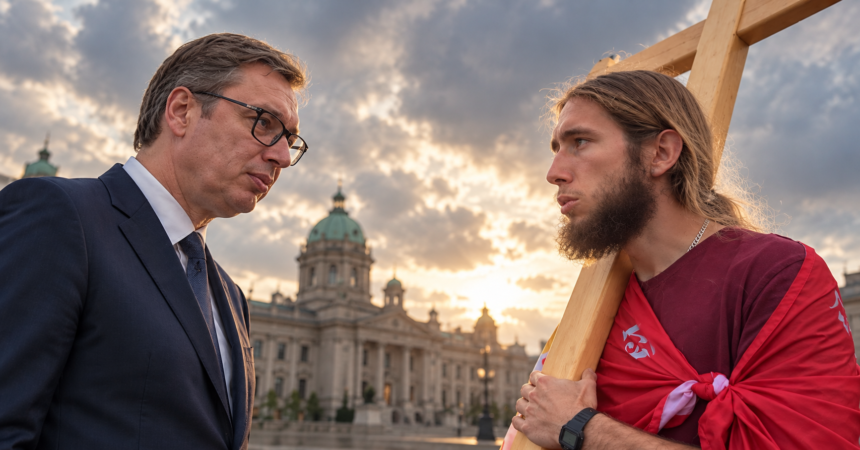 Conceptual illustration of opposing political crowds near Serbia's National Assembly at sunset, representing diverging 2026 election polls.