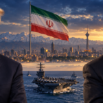 Illustration of Donald Trump and Benjamin Netanyahu with Iran's flag, Tehran skyline and an aircraft carrier.