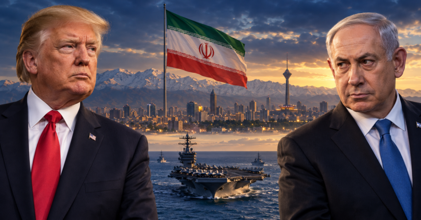 Illustration of Donald Trump and Benjamin Netanyahu with Iran's flag, Tehran skyline and an aircraft carrier.