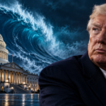Illustration of Donald Trump beside the US Capitol with a symbolic blue wave in the background.