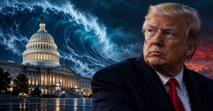Illustration of Donald Trump beside the US Capitol with a symbolic blue wave in the background.