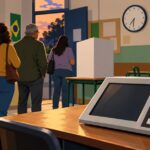 AI-generated editorial illustration of Brazilian voters at a polling station during the 2026 runoff.