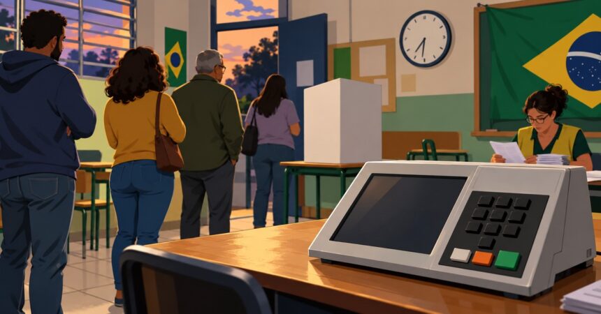 AI-generated editorial illustration of Brazilian voters at a polling station during the 2026 runoff.