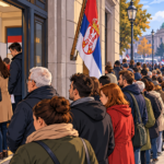 Editorial illustration of voters queueing outside a polling station in Serbia during the 2026 parliamentary election