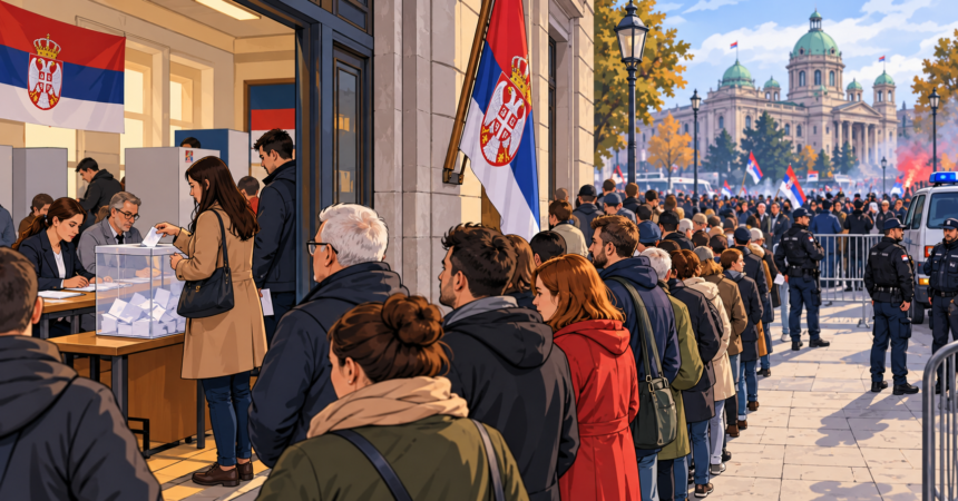 Editorial illustration of voters queueing outside a polling station in Serbia during the 2026 parliamentary election