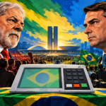 Illustration of Lula and Flávio Bolsonaro facing each other above a Brazilian electronic voting machine, with flags and Brasília in the background