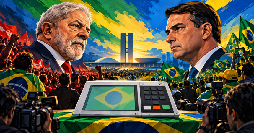 Illustration of Lula and Flávio Bolsonaro facing each other above a Brazilian electronic voting machine, with flags and Brasília in the background
