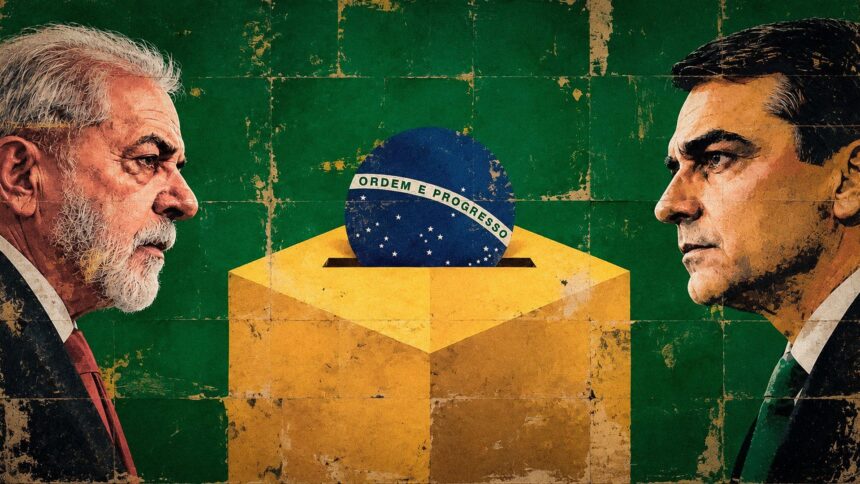 Editorial illustration of Lula and Flávio Bolsonaro ahead of Brazil's October 2026 presidential runoff