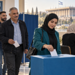 Editorial illustration of Arab Israeli citizens participating in a parliamentary election, with the Knesset in the background.