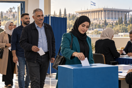Editorial illustration of Arab Israeli citizens participating in a parliamentary election, with the Knesset in the background.