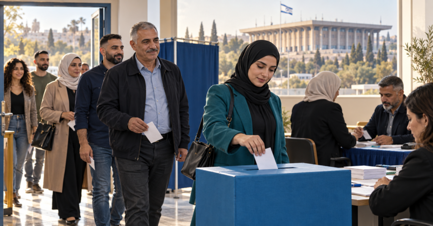 Editorial illustration of Arab Israeli citizens participating in a parliamentary election, with the Knesset in the background.