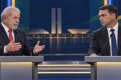 Editorial illustration of Lula and Flávio Bolsonaro facing each other at debate lecterns.